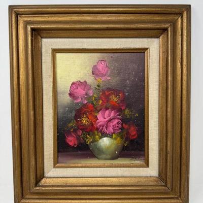 A. Julia Signed Floral Oil Painting in Vintage Mexican Wood Frame	