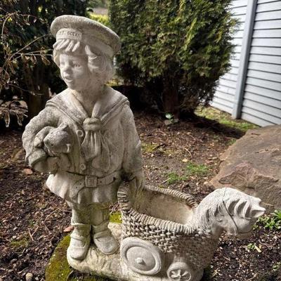 Concrete Garden Statue – Sailor Boy w/ Toy Wagon Planter	