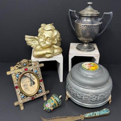 Vintage Eclectic Décor Lot – Trophy Urn, Vintage Music Box, Cherub +	