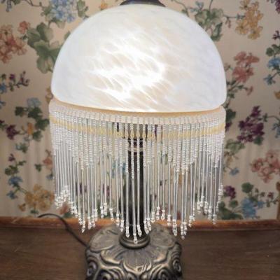 Vintage Boudoir Lamp – Frosted Glass Shade w/ Beaded Fringe	
