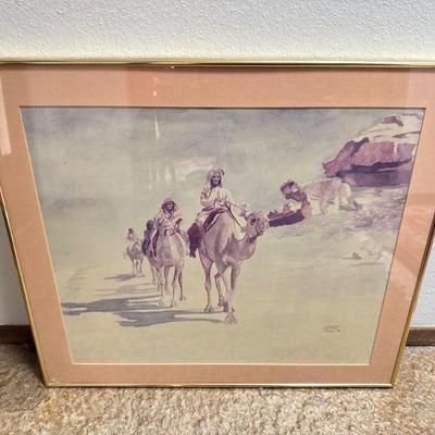 Signed Desert Caravan Artwork – Framed Camel Riders	