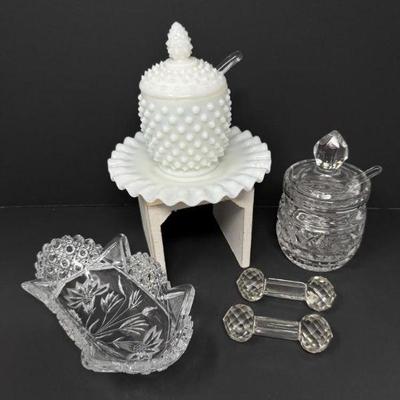Vintage Glass Collection – Hobnail Milk Glass, Czech Cut Glass Boat +	