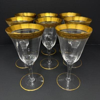 Tiffin-Style Gold Encrusted Crystal Wine Goblets (8)	