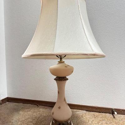 Antique Milky Glass Lamp w/ Hand-Painted Gold Roses, Ornate Base	