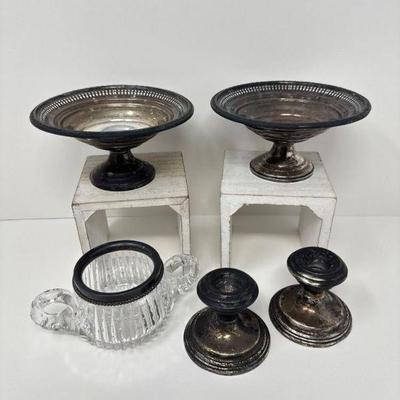Weighted Sterling Silver Lot – Candlesticks & Glass Sugar Bowl, & More	