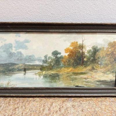 Antique Watercolor Landscape Painting - River Scene w/ Boat - Signed	