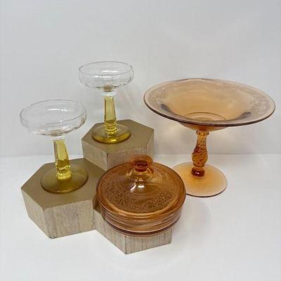 Amber & Clear Glassware Lot – Fostoria - Style Compote, Candy Dish +	