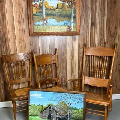 Vintage wooden chairs and framed artwork lot