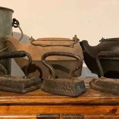 Antique cast iron tea kettles sad irons lot