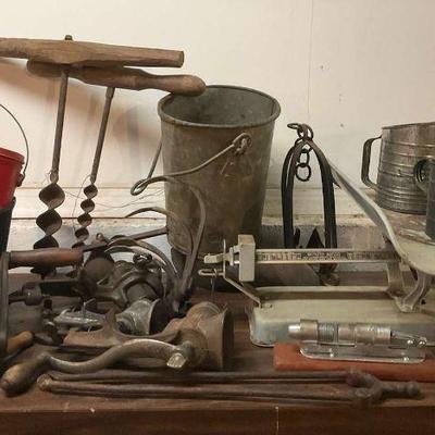 Vintage farmhouse and workshop tools accessories