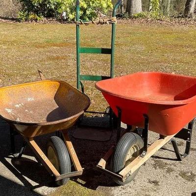 2 wheel barrows 1 handtruck