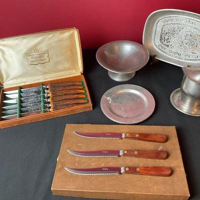 Sterling bowl vintage knife set, and pewter collection