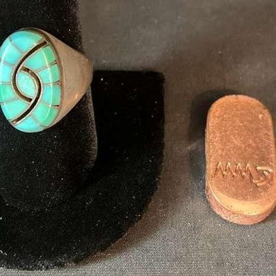 Sterling silver turquoise inlay ring and copper bar