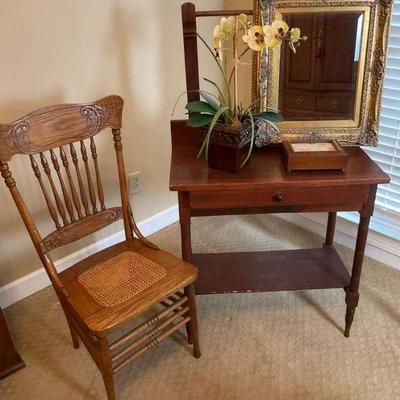 Wood washstand cane seat chair, and decorative accents