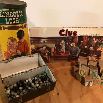 Vintage toy collection lincoln logs clue, marbles, and more