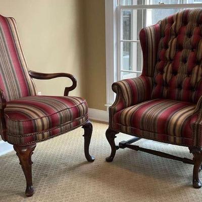 Two 18 century traditional chairs in striped upholstery