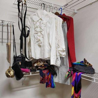 Lot of women s linen clothes scarves, belts, and purses