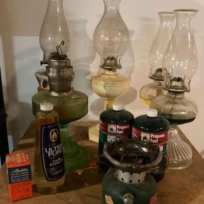 Vintage oil lamps coleman stove & fuel lot