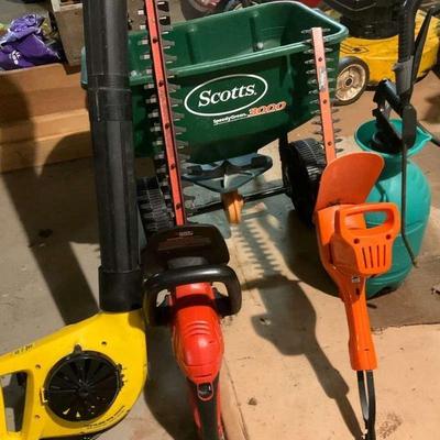 Lawn garden tool lot scotts spreader, blower, hedge trimmers & more
