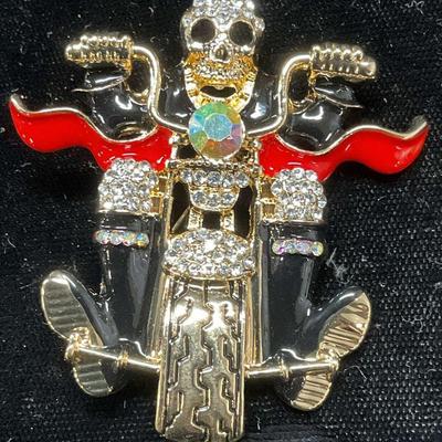 Crystal Enamel Skeleton Biker Brooch

