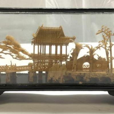 Hand Carved Cork Chinese Pagoda Diorama W Case
