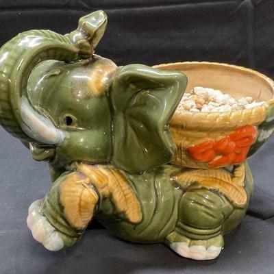 Vintage Green Ceramic Elephant Planter

