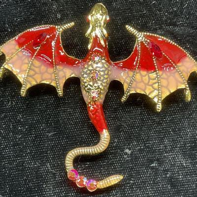 Gold Tn Enamel Crystal Dragon Brooch Pendant
