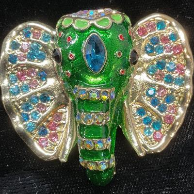 Gold Tone Crystal Enamel Elephant Brooch
