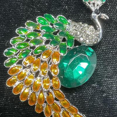 Green & Gold Crystal Peacock Brooch
