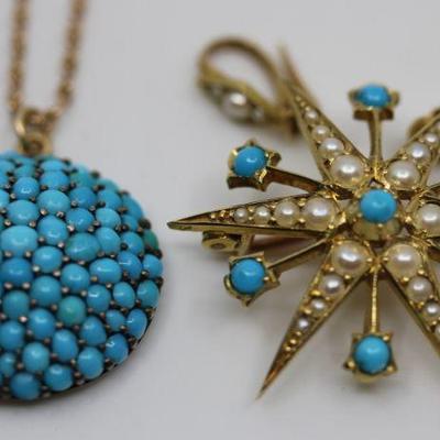Vic Gold Turquoise & Seed Pearl Pendent & Necklace