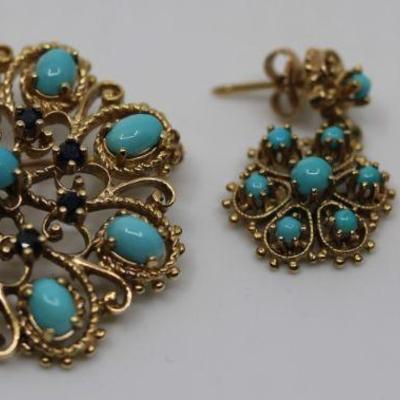 14K Yellow Gold, Turquoise & Sapphire Brooch Set