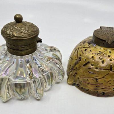 Two Art Glass Inkwells