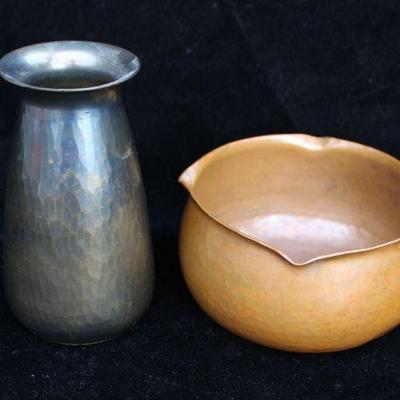Roycroft Hammered Copper Cabinet Vase & Bowl