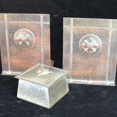 Roycroft Hammered Copper Bookends & Inkwell