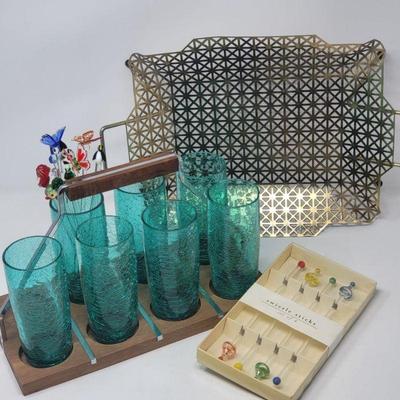Mid Century Geometric Lattice Brass Tray & Green Crackle Glass Set