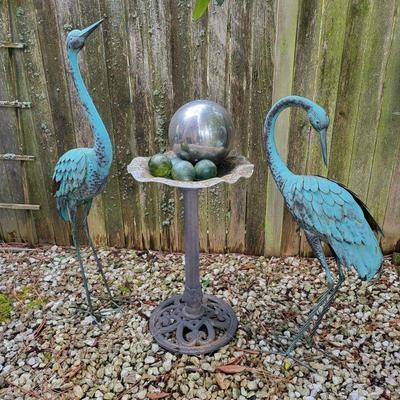 Metal Cranes, Birdbath and Garden Orbs