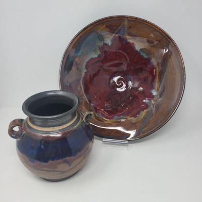 Glazed Earth Tone Pottery Vase & Bowl