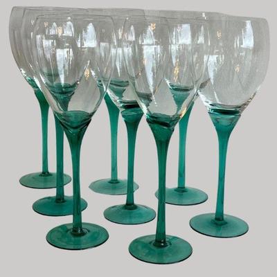 1970s Emerald Green Handblown Tulip Stem Wine Glasses