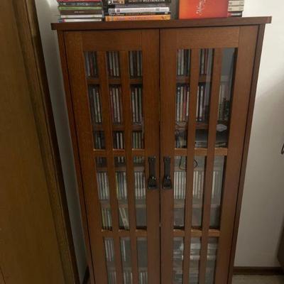 CDs, Cassettes & Wood & Glass Storage Cabinet	