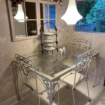 White Wrought Iron Glass Top Vintage Table & Chairs MORE