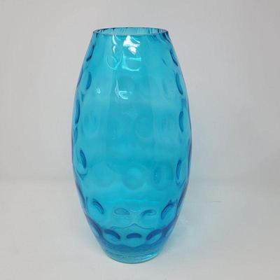 Mid Century Sky Blue Thumbprint 12 inch Glass Vase
