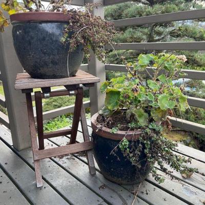 Two Glazed Terracotta Garden Patio Pots with Geraniums