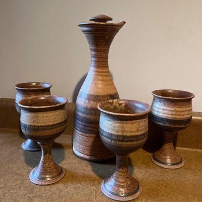 Signed Pottery Carafe and 4 Cups