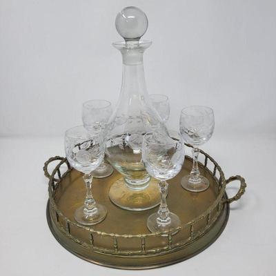 Crystal Cordial Glasses & Decanter - Brass Serving Tray