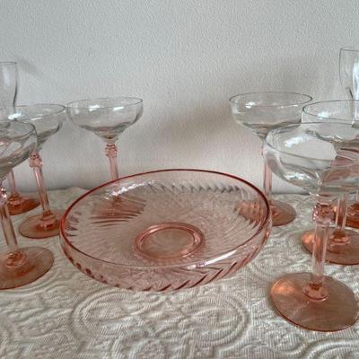 Twisted Pink Glass Bowl & Pink Stemmed Goblets