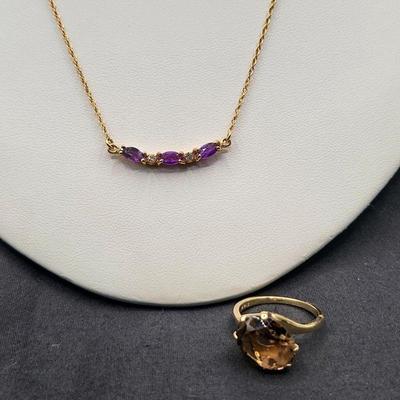 14k Gold Amethyst/Diamond Necklace & 14k Gold Citrine? Ring