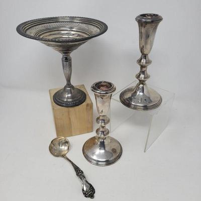 Sterling Silver Compote, Empire Candlesticks, Salt & Pepper