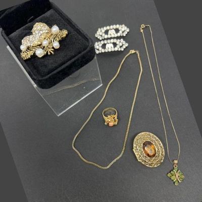 Pinecone Brooch, Coral Ring and Jade Pendants