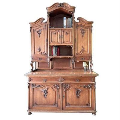 Lot 028   
Antique Louis XV Style Walnut Buffet/ Hutch with Marble Inlay