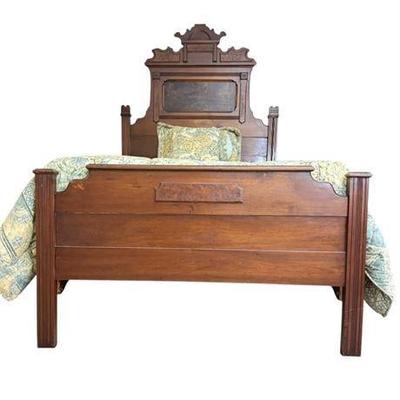 Lot 091-  
Antique Monumental Eastlake Victorian Carved Burled Walnut Bed (Full)
